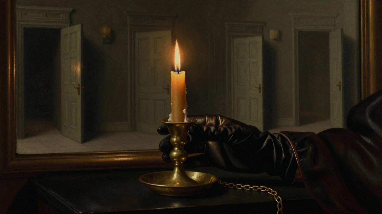 A gloved hand holds an unlit candle on leather, reflections of many doors hinting at hidden rituals behind each.
