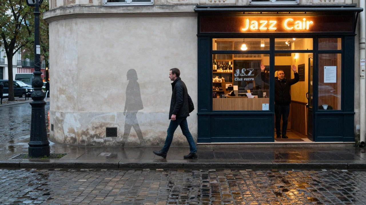 A man walks alone at dawn by Canal Saint-Martin, his reflection merging with a fading figure as a bakery opens nearby.