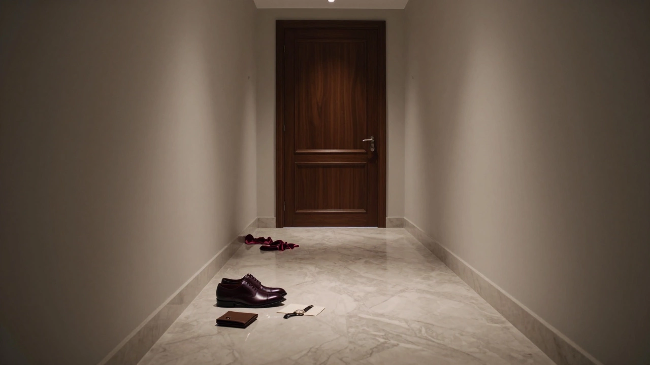 An empty hallway in Dubai with discarded shoes and a wallet beside a closed door, suggesting a private session just ended.