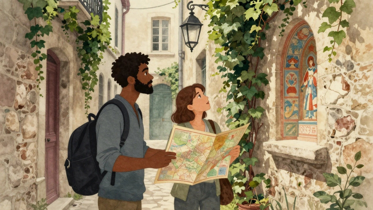 An escort guides a tourist through a hidden courtyard in the Marais, pointing at a historic fresco.